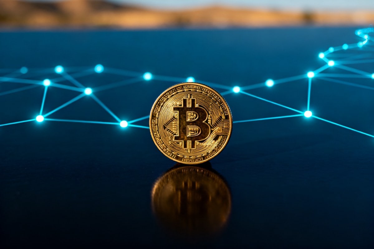 Pièce de bitcoin dorée sur une surface sombre devant un réseau lumineux de nœuds évoquant la blockchain