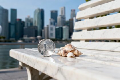 Pièce argentée frappée d'un B à côté d'un tas de coquillages sur un banc de marbre, gratte-ciel de Singapour.