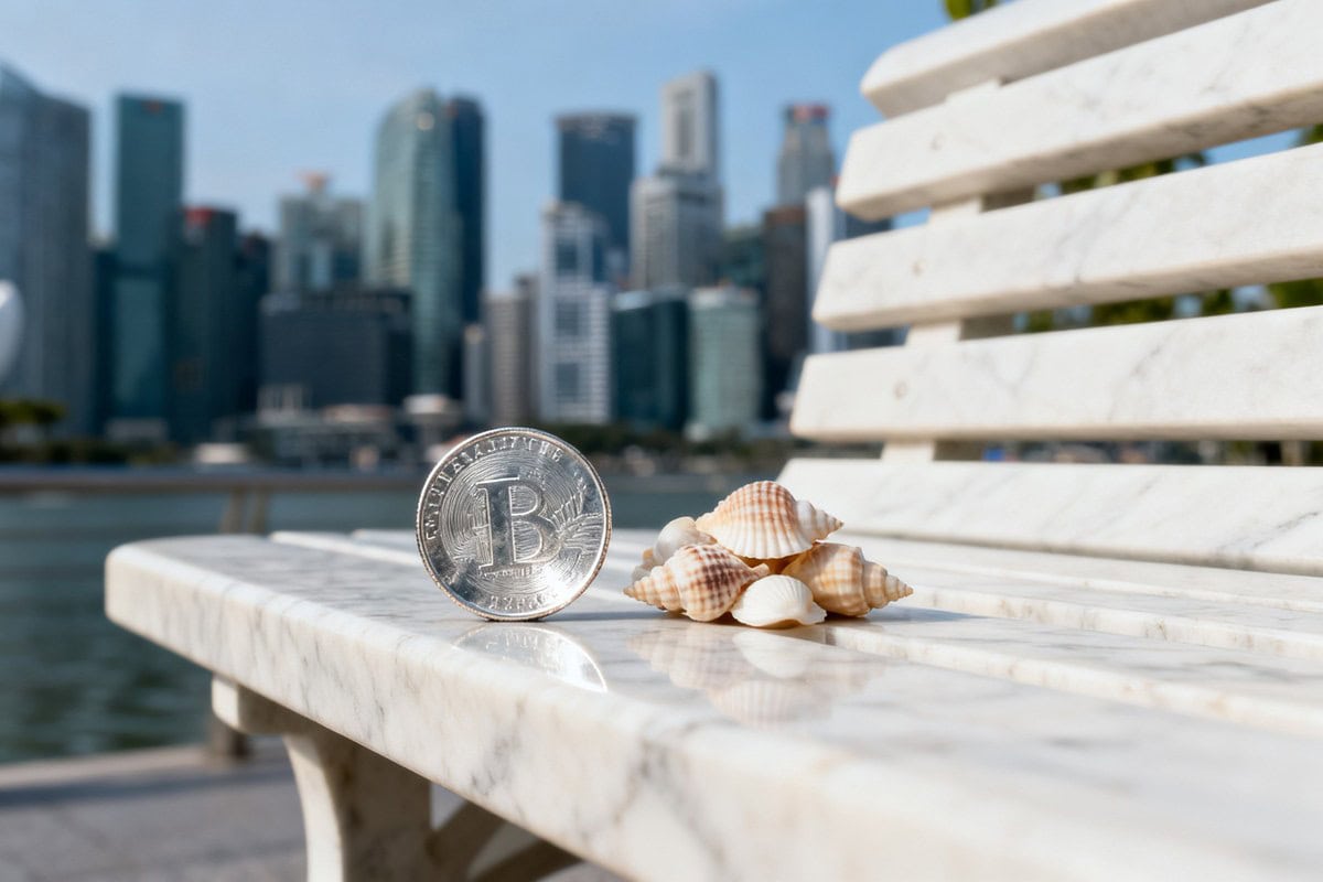 Pièce argentée frappée d'un B à côté d'un tas de coquillages sur un banc de marbre, gratte-ciel de Singapour.