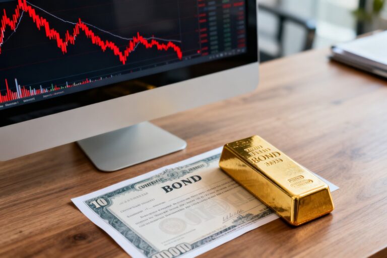 Lingot d'or et certificat obligataire posés sur un bureau à côté d'un écran affichant des marchés en baisse
