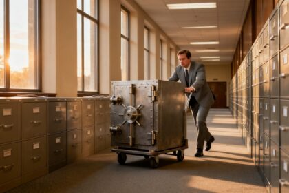 Un employé administratif pousse avec effort un chariot chargé d'un coffre-fort dans un long couloir de bureaux