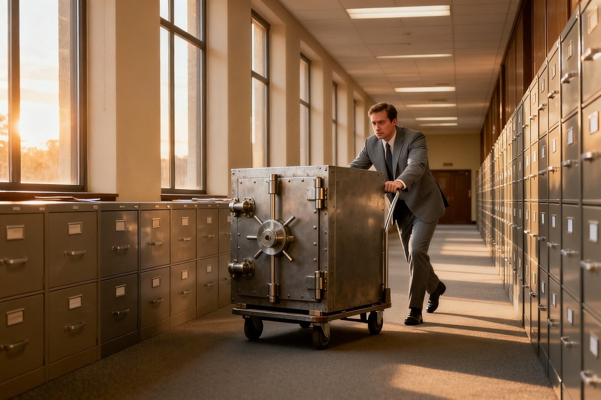 Un employé administratif pousse avec effort un chariot chargé d'un coffre-fort dans un long couloir de bureaux
