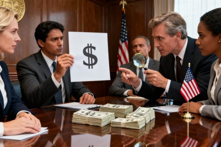 Des financiers en costume examinent à la loupe un certificat au signe dollar, près de billets posés sur une table