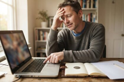 Un homme accoudé à son bureau, main sur le front, valide une opération sur son ordinateur portable