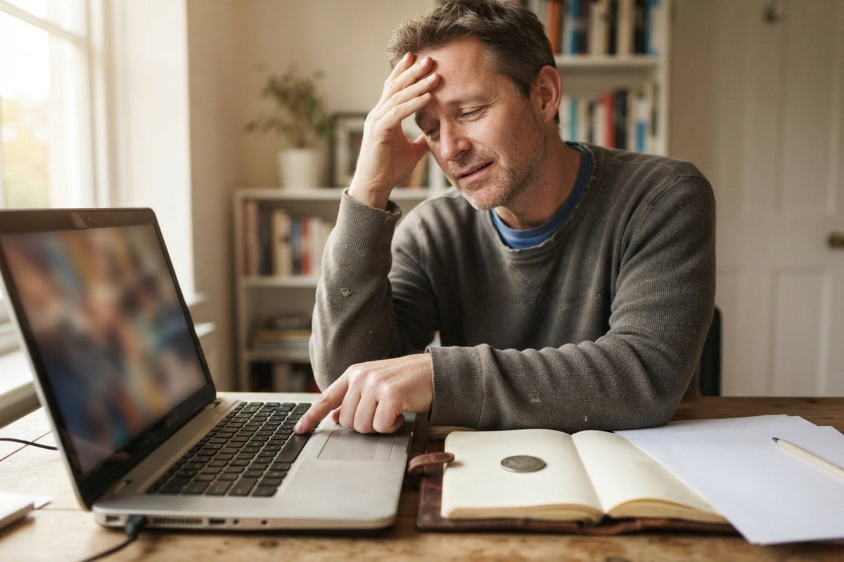 Un homme accoudé à son bureau, main sur le front, valide une opération sur son ordinateur portable