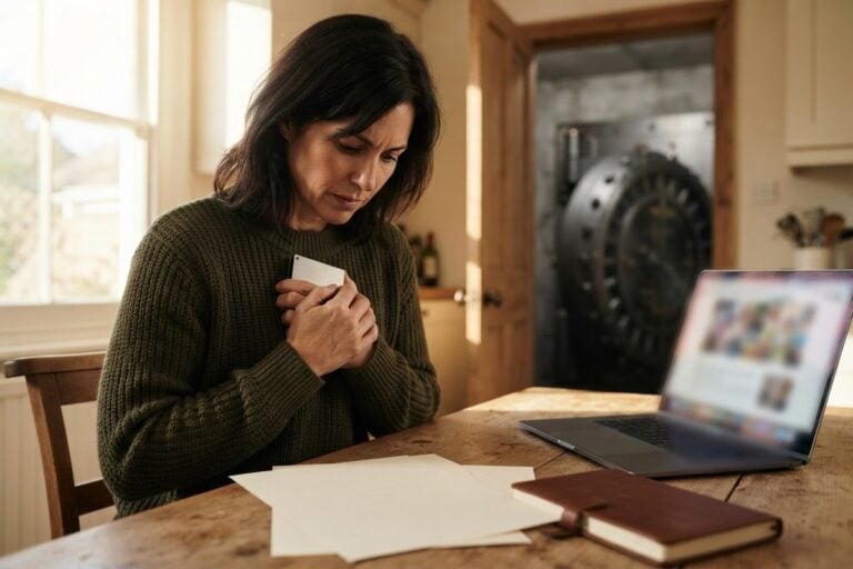 Femme serrant un petit portefeuille matériel contre elle à une table de cuisine, coffre-fort en arrière-plan