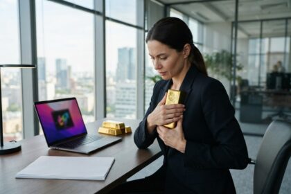 Une femme en costume serre un lingot d'or contre elle dans un bureau vitré, deux autres lingots sur la table