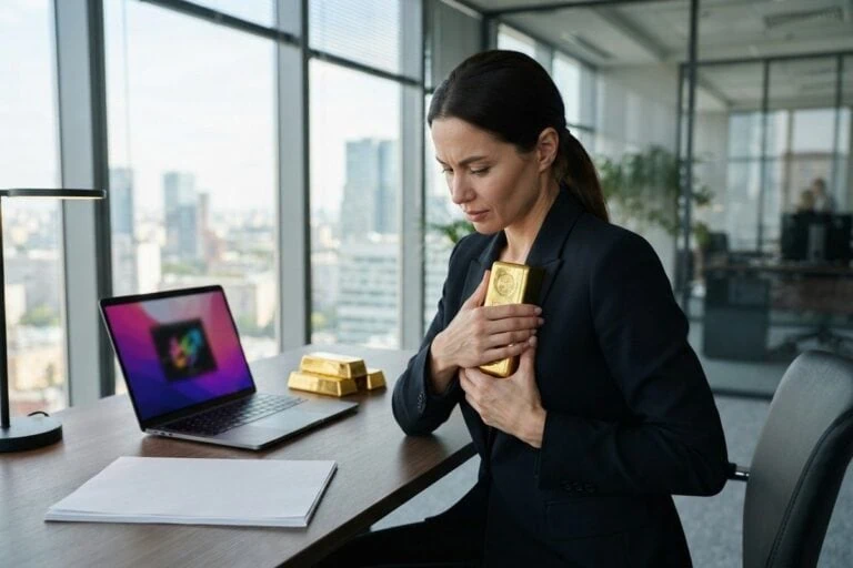 Une femme en costume serre un lingot d'or contre elle dans un bureau vitré, deux autres lingots sur la table