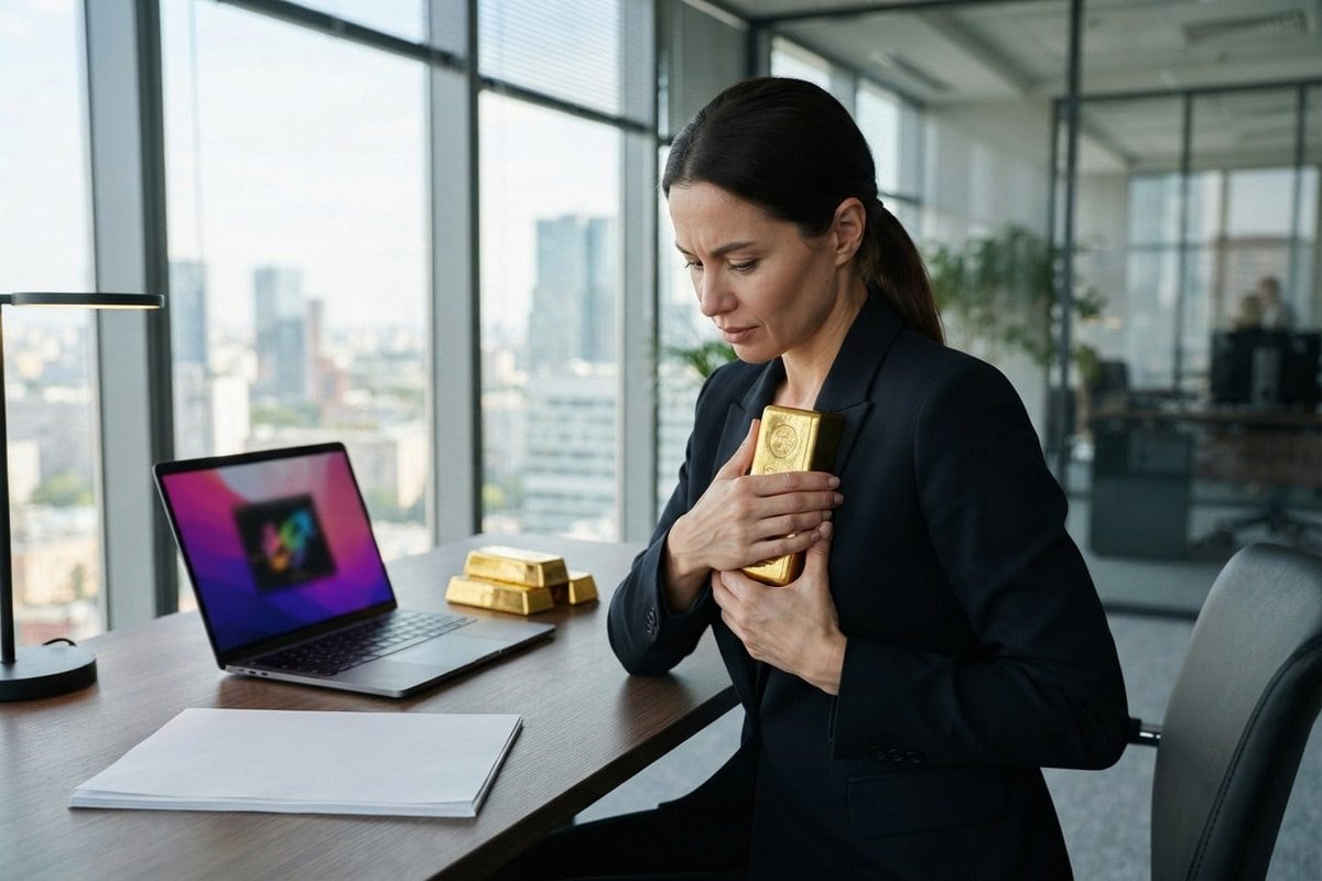 Une femme en costume serre un lingot d'or contre elle dans un bureau vitré, deux autres lingots sur la table