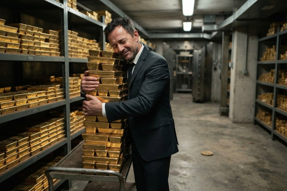 Un homme en costume serre une pile de lingots d'or contre lui dans une chambre forte aux étagères remplies de métal