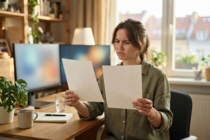 Une femme à son bureau compare deux feuilles blanches identiques devant deux écrans d'ordinateur floutés.
