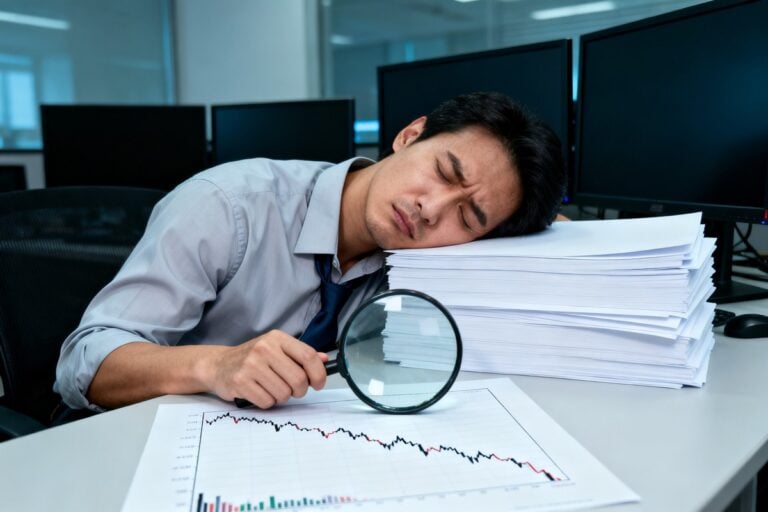 Un trader affalé, tête posée sur une pile de papiers, une loupe au-dessus d'un graphique qui décline