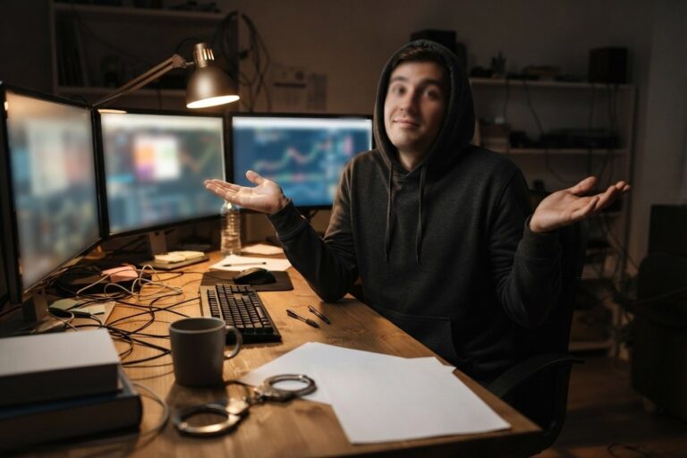 Jeune homme en sweat à capuche écartant les mains devant des écrans de trading, des menottes posées sur le bureau