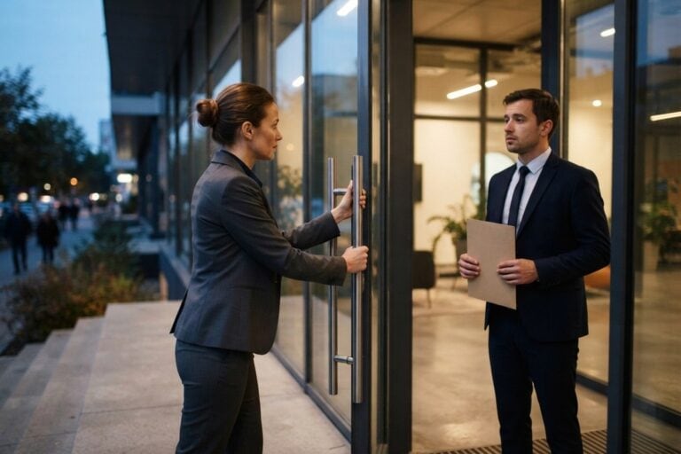 Femme en tailleur gris refermant une porte vitrée devant un homme en costume tenant une chemise cartonnée