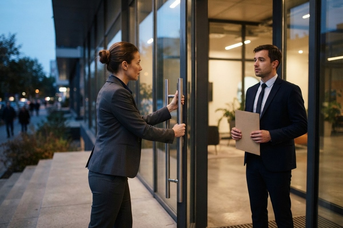 Femme en tailleur gris refermant une porte vitrée devant un homme en costume tenant une chemise cartonnée
