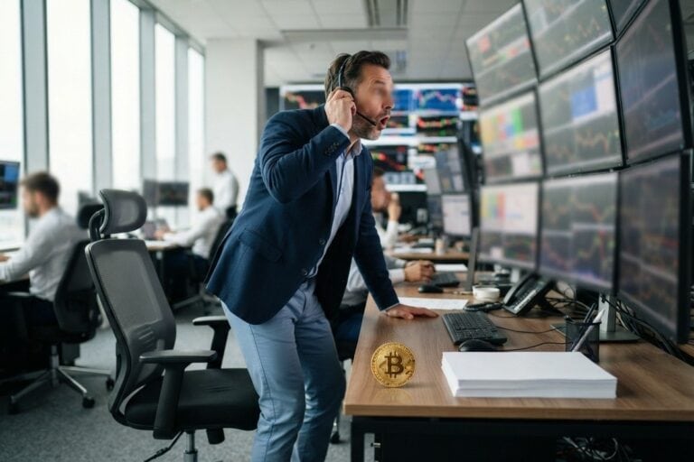 Un trader debout dans une salle de marché, stupéfait devant ses écrans, une pièce dorée bitcoin sur le bureau