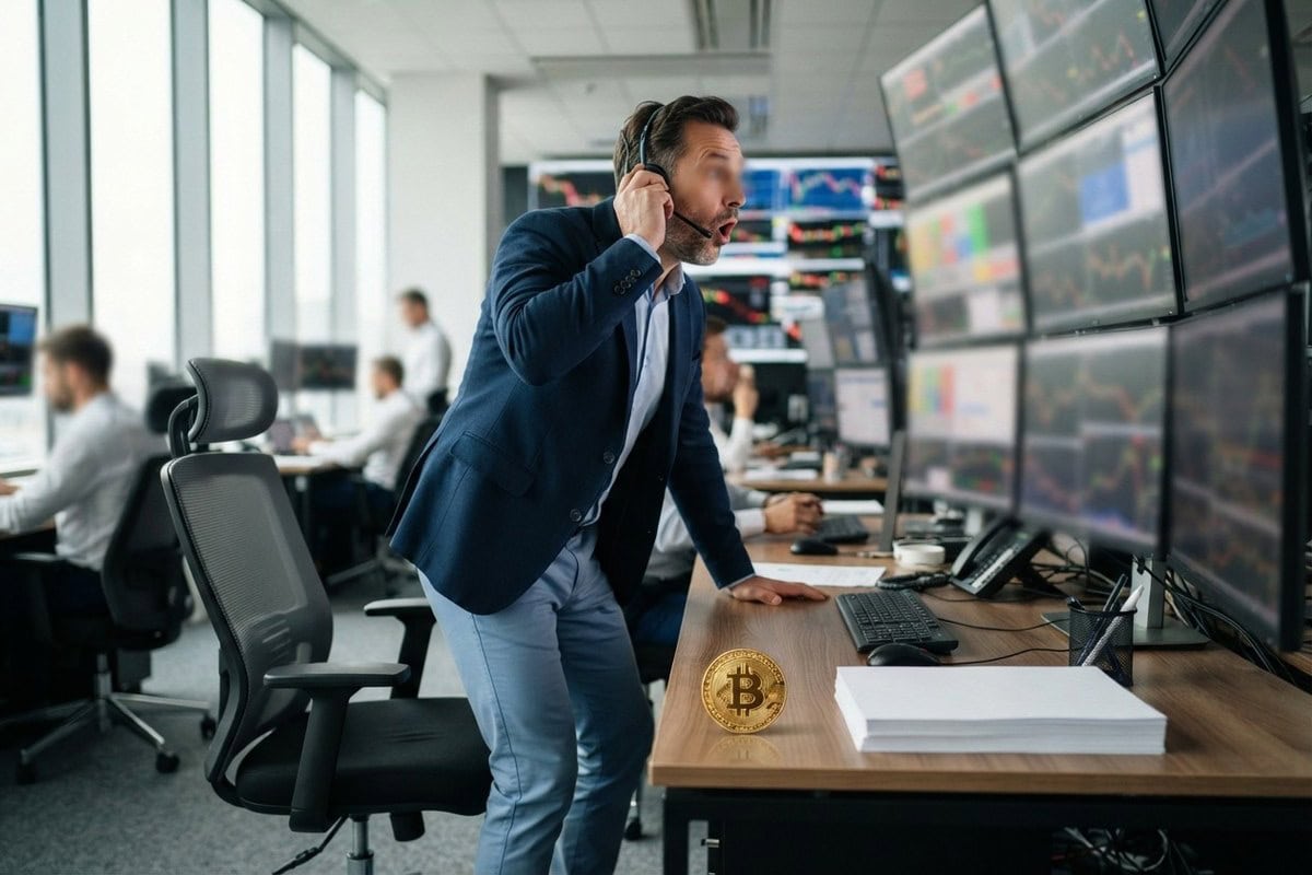 Un trader debout dans une salle de marché, stupéfait devant ses écrans, une pièce dorée bitcoin sur le bureau
