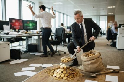 Un homme en costume pelle des pièces dorées dans un sac pendant qu'un collègue lève les bras et quitte son bureau