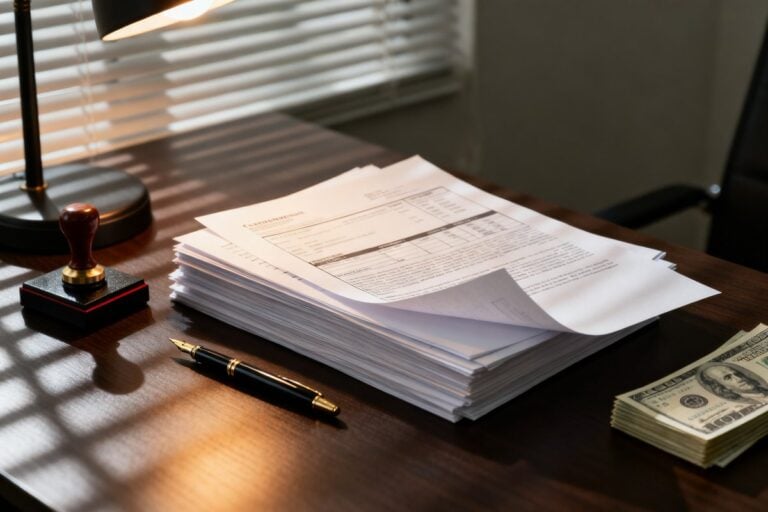 Pile de contrats et de factures imprimés sur un bureau en bois, tampon encreur, stylo plume et billets