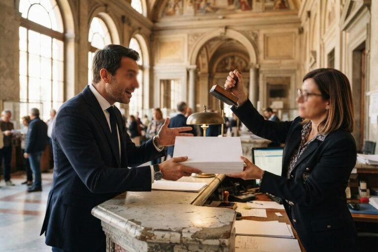 Un homme en costume tend une épaisse liasse de feuilles vierges à une employée qui brandit un tampon
