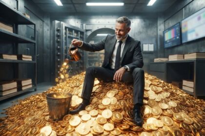 Un homme en costume assis sur un monticule de pièces gravées du symbole Ethereum arrose le tas avec un arrosoir
