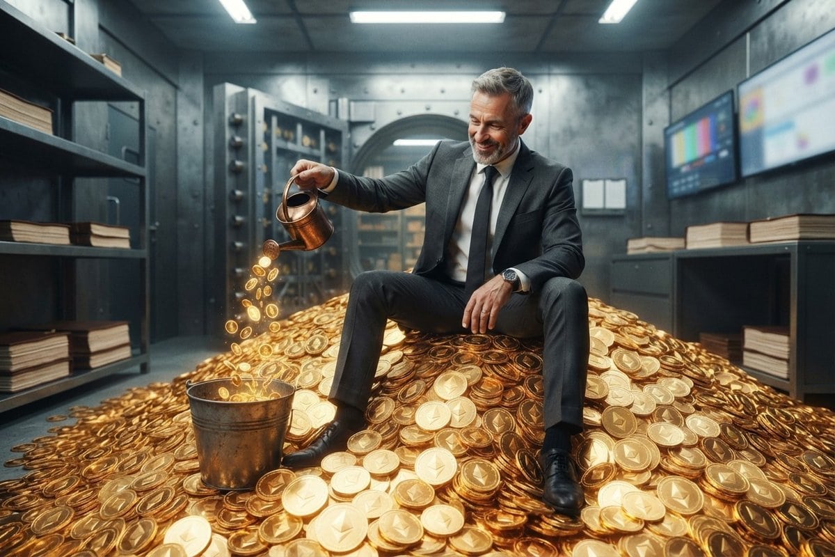 Un homme en costume assis sur un monticule de pièces gravées du symbole Ethereum arrose le tas avec un arrosoir