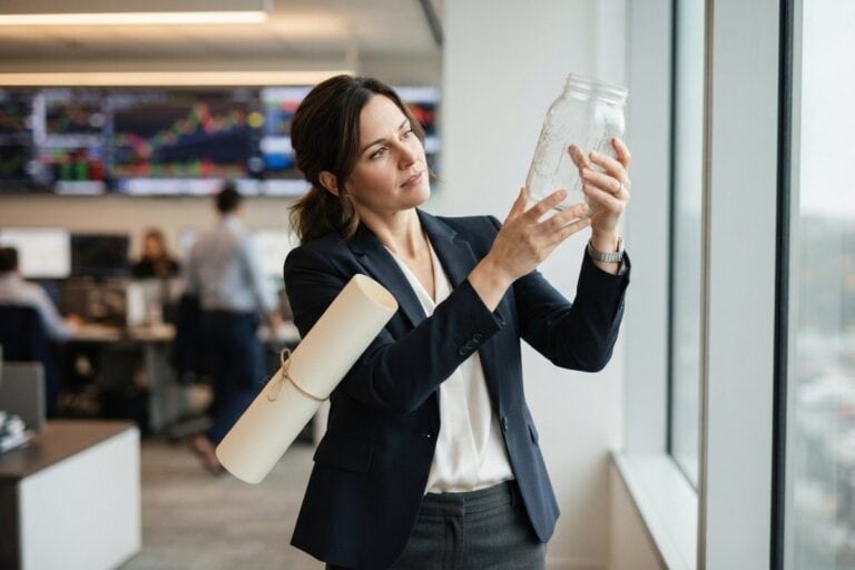 Une femme en blazer examine un bocal en verre vide à la lumière, un rouleau de papier vierge sous le bras