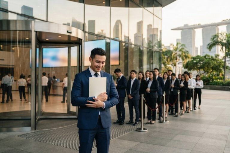Homme en costume bleu serrant un document devant une tour de bureaux, longue file d'attente derrière lui