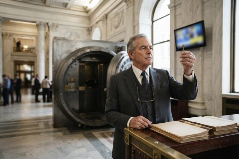 Un homme en costume gris examine une petite clé devant la porte ouverte d'un coffre-fort, dans un hall de banque.