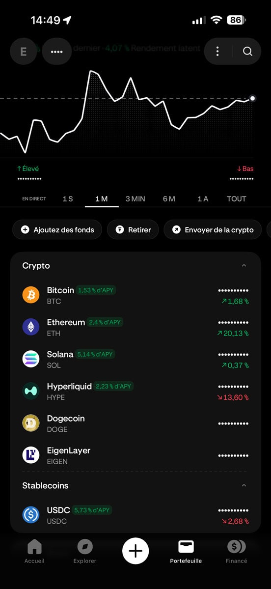 Capture d'écran de l'onglet Portefeuille de l'app iOS Kraken