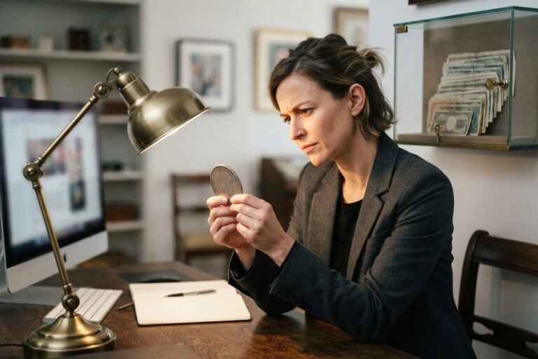Femme en veste grise examinant une pièce argentée sous une lampe de bureau, vitrine de billets derrière elle
