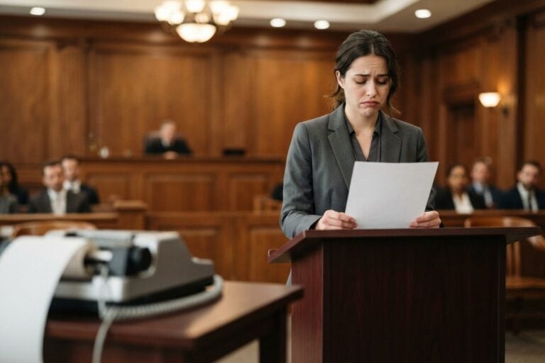 Jeune femme en tailleur gris debout à un pupitre de tribunal, lisant une feuille blanche, le regard baissé