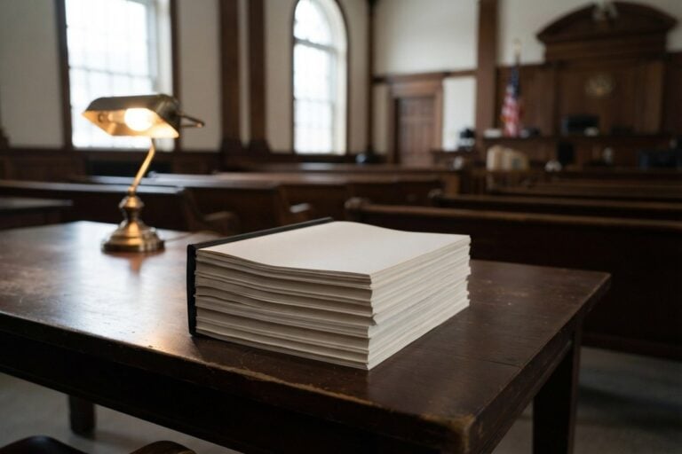 Un épais dossier relié posé sur une table en bois dans une salle d'audience vide, éclairé par une lampe de bureau
