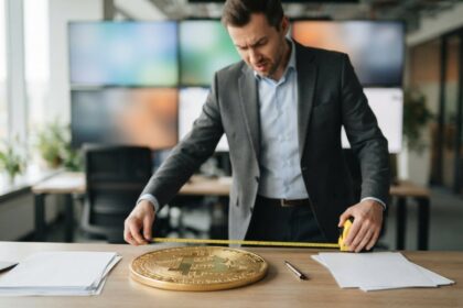 Un homme en costume mesure au mètre ruban une grande pièce dorée frappée du symbole bitcoin