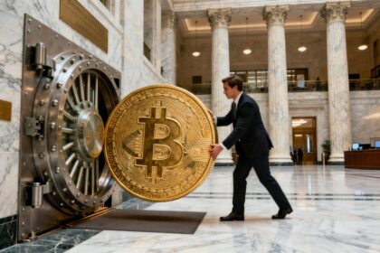 Un homme en costume pousse une pièce de cryptomonnaie géante dans le coffre-fort ouvert d'une banque
