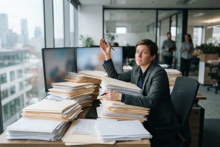 Employée de bureau assise derrière d'énormes piles de dossiers et de papiers, un stylo à la main