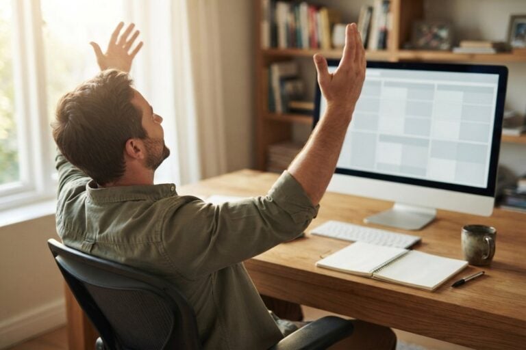 Un homme lève les bras devant son écran affichant une grille de tableur, à son bureau baigné de lumière