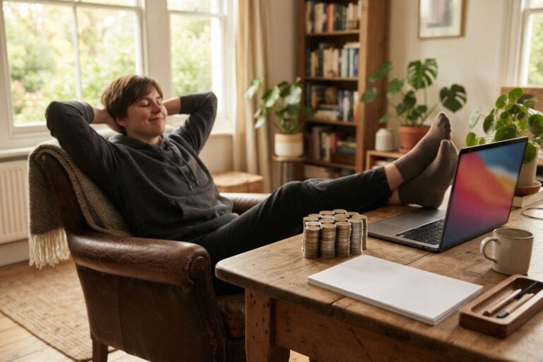 Une personne détendue, pieds sur le bureau, à côté de piles de pièces et d'un ordinateur portable
