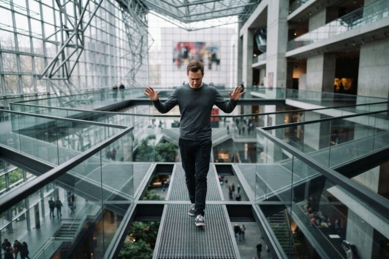 Un homme en pull gris avance bras écartés sur une passerelle métallique suspendue dans un atrium vitré
