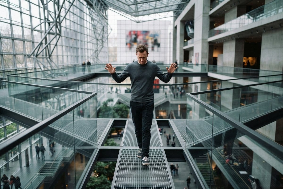Un homme en pull gris avance bras écartés sur une passerelle métallique suspendue dans un atrium vitré
