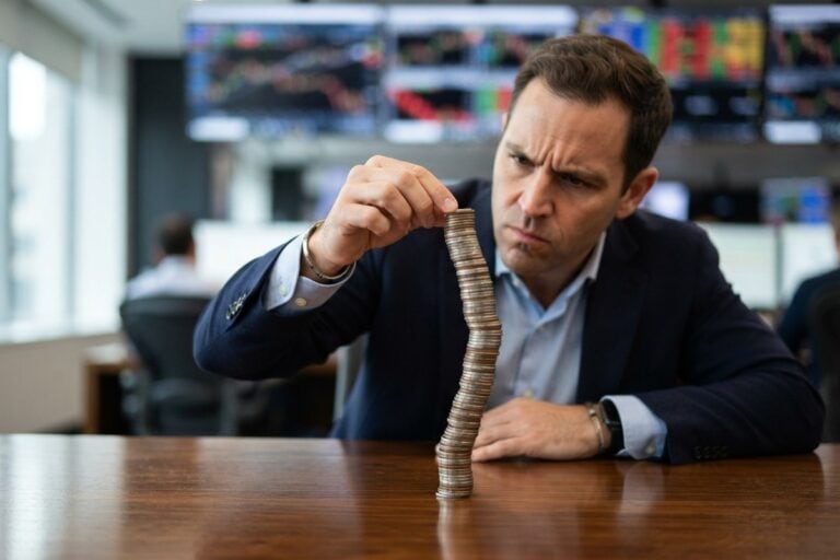 Homme en blazer marine retenant du doigt une haute pile de pièces sur un bureau de salle de marché