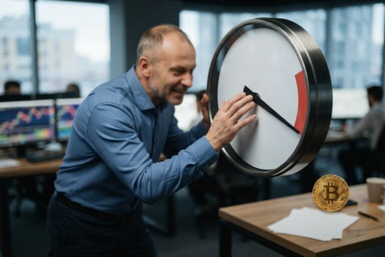 Un homme sourit en poussant de la main l'aiguille d'un grand cadran mural vers la zone rouge
