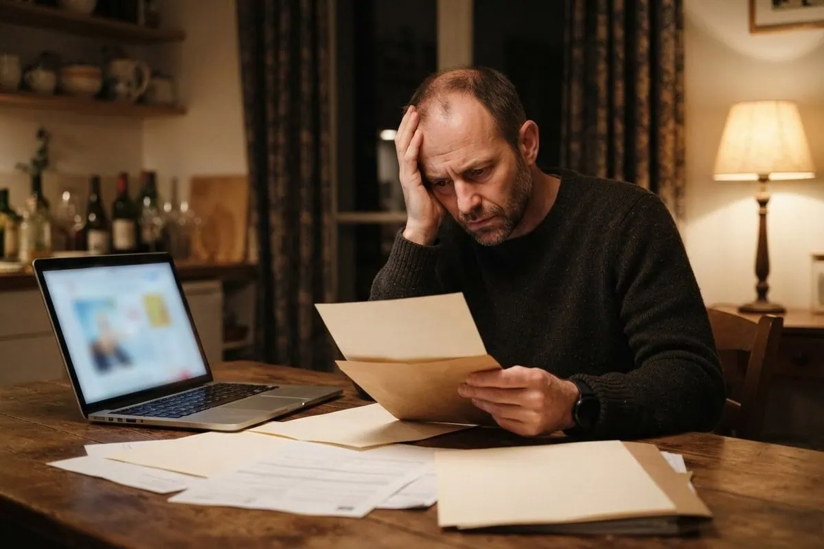 Un homme soucieux, la main sur le front, lit un courrier administratif à une table de cuisine le soir.