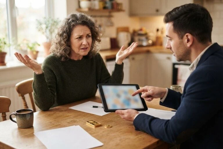 Femme aux mains levées en signe d'incompréhension face à un conseiller qui pointe une tablette, un lingot sur la table