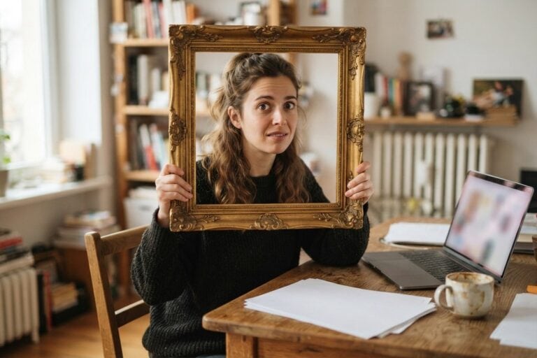 Une femme assise à un bureau tient un cadre doré vide devant son visage, un ordinateur portable ouvert à côté d'elle.