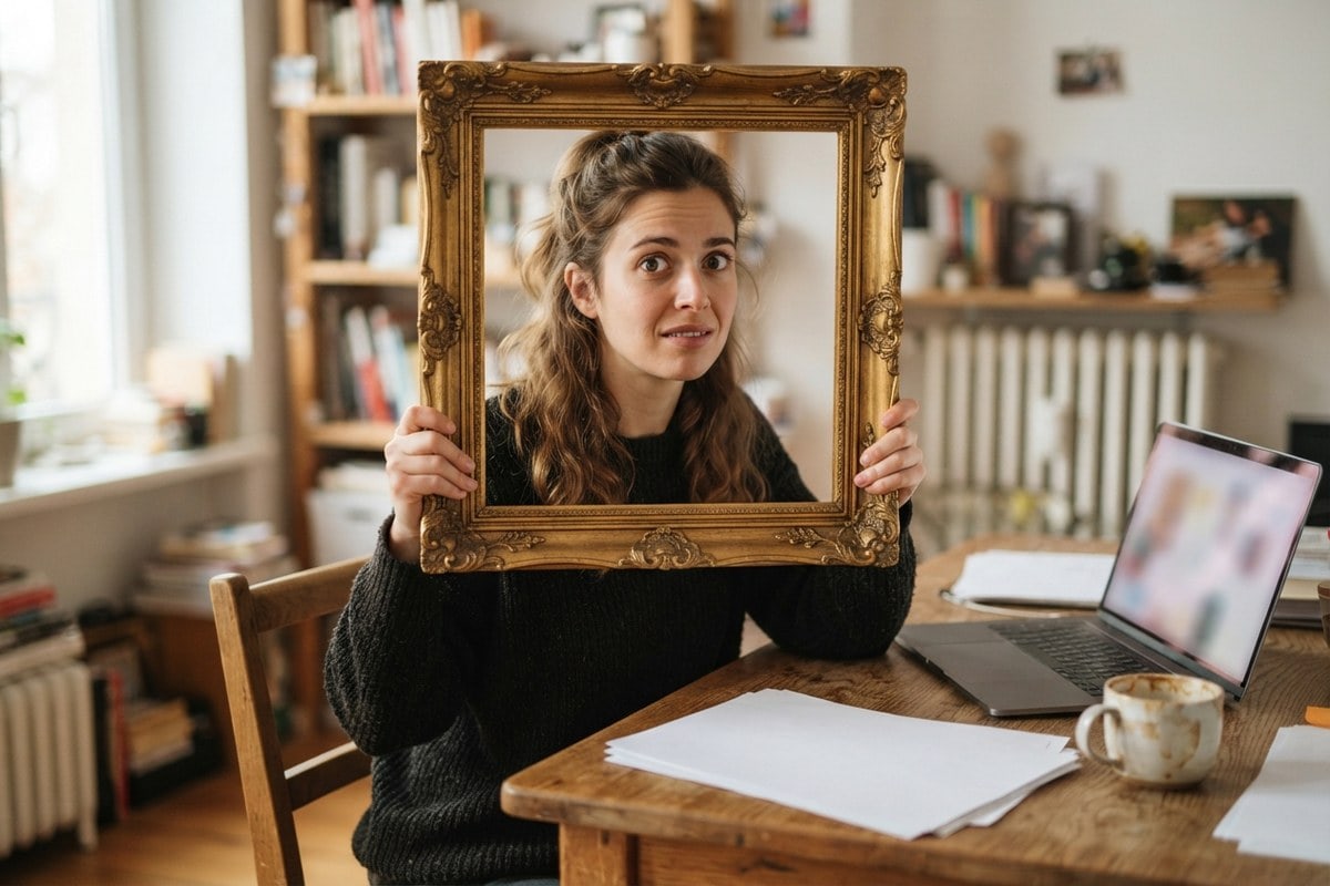 Une femme assise à un bureau tient un cadre doré vide devant son visage, un ordinateur portable ouvert à côté d'elle.