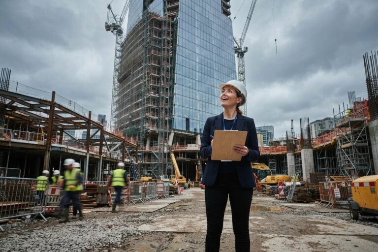 Une ingénieure en casque blanc et blazer lève les yeux vers une tour de verre inachevée sur un chantier