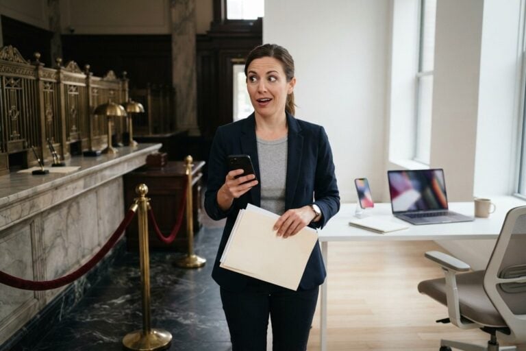 Femme en tailleur entre un ancien guichet de banque en marbre et un bureau moderne, smartphone à la main
