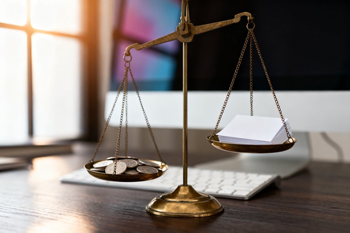 Balance en laiton sur un bureau, pièces métalliques dans un plateau, feuilles blanches dans l'autre