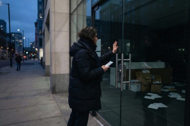 Une femme en manteau d'hiver, la main posée sur la porte vitrée fermée d'un bureau, cartons empilés derrière